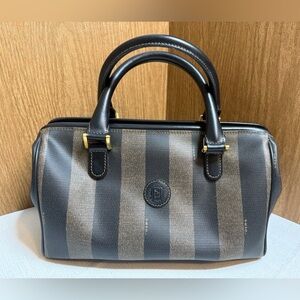 Vintage Fendi Pequin Stripe Boston Satchel –Coated Canvas & Leather Trim